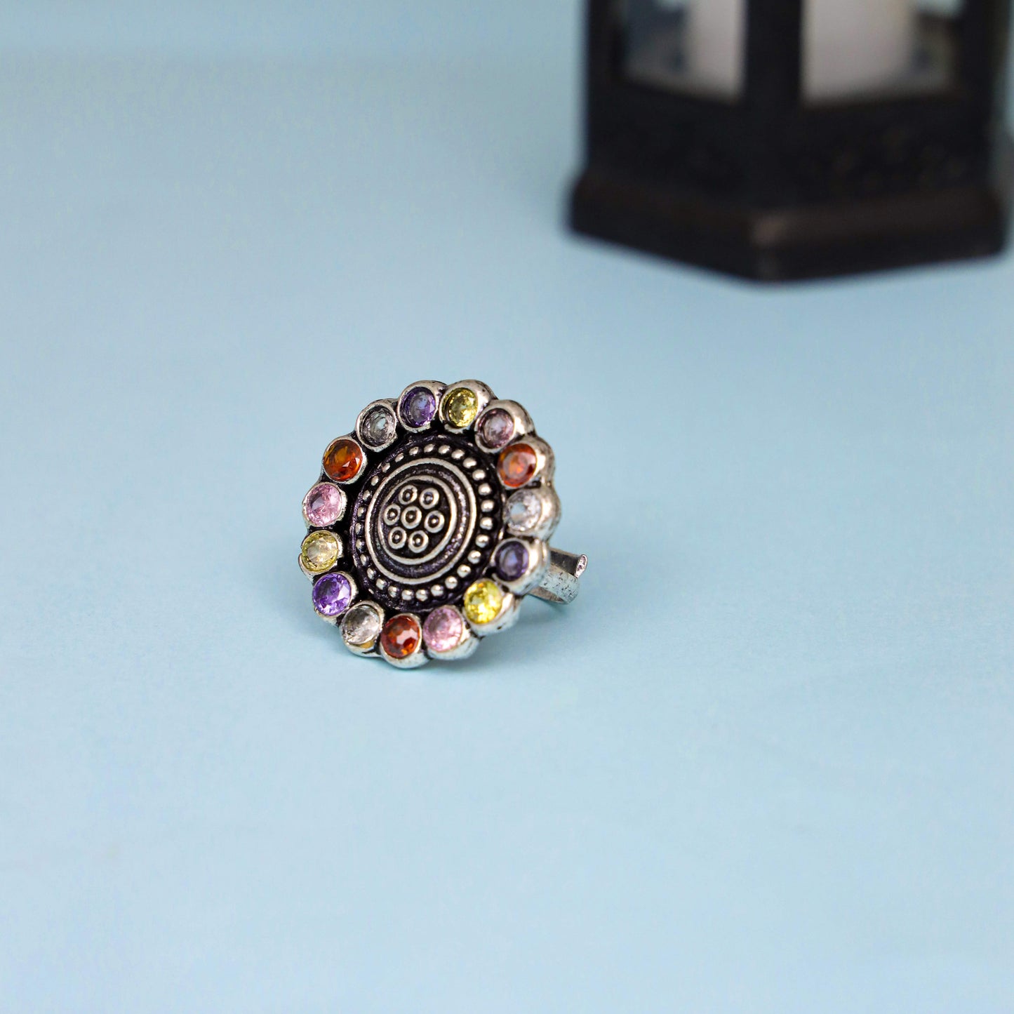 Oxidized Multicolor Stone Ring