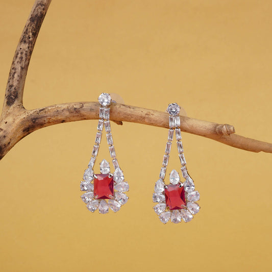 Silver Drop Earrings With Red Gemstone