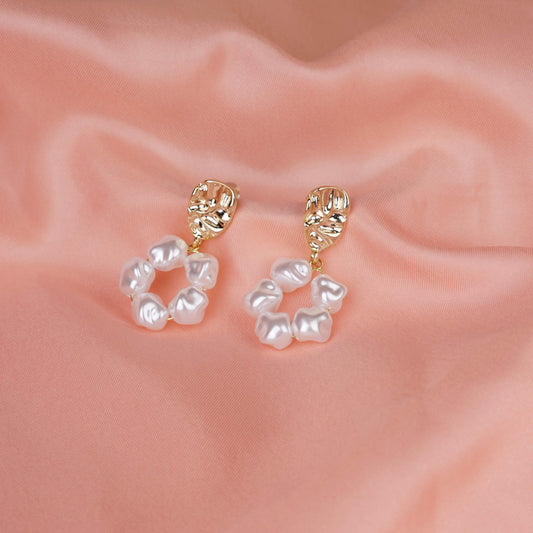 Elegant Pearl Circle Drop Earrings With Gold Studs