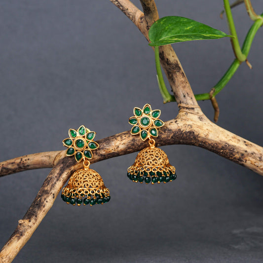 Gold Jhumka Earrings with Green Stones