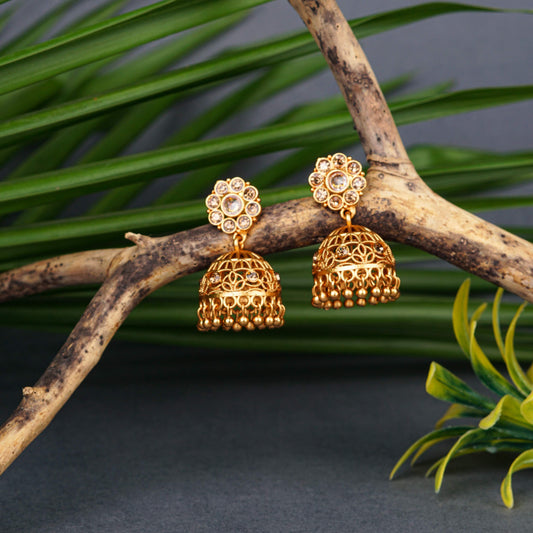 Gold Jhumka Earrings with Stones