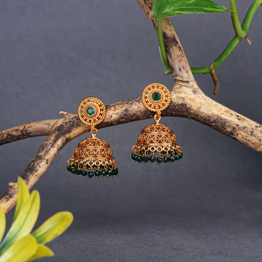 Gold Jhumka Earrings with Green Beads