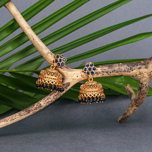 Gold-Plated Jhumka Earrings with Blue Stones