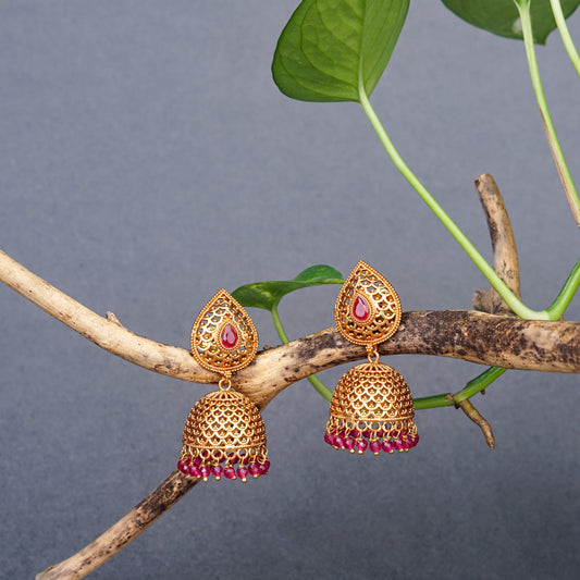 Golden Jhumka Earrings with Ruby Accents