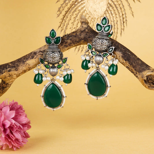 Traditional Green Stone and Pearl Earrings