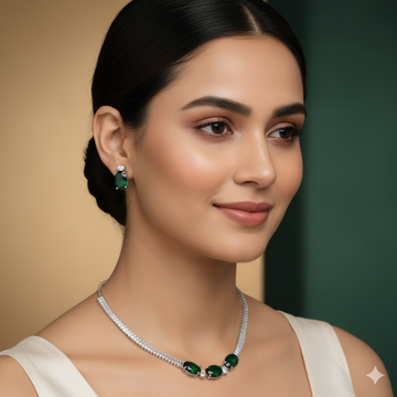 Elegant Green & Silver Necklace Set
