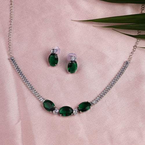 Elegant Green & Silver Necklace Set