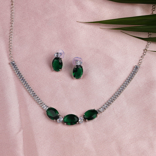 Elegant Green & Silver Necklace Set